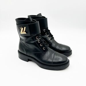 Louis Vuitton LV Wonderland Ranger Black Leather Combat Ankle Boots Size 37, 7